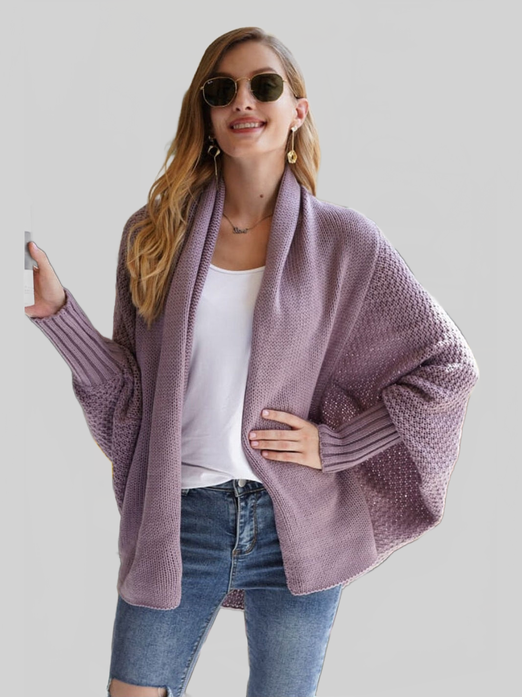 Women Double Take Dolman Sleeve Open Front Ribbed Trim Longline Cardigan NicholesGifts