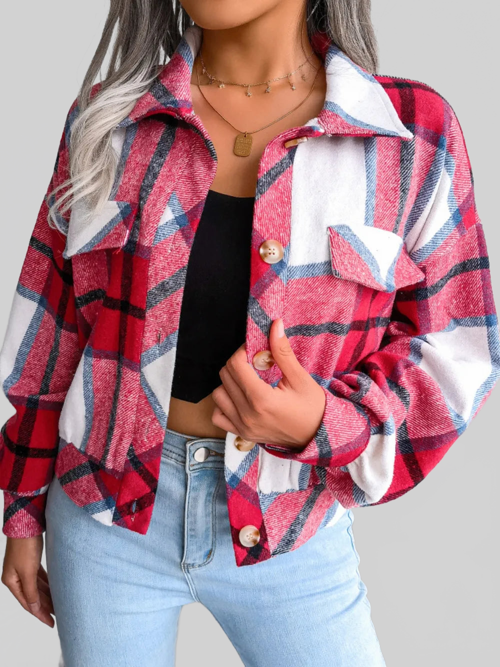 Plaid Collared Neck Long Sleeve Jacket nicholesgifts