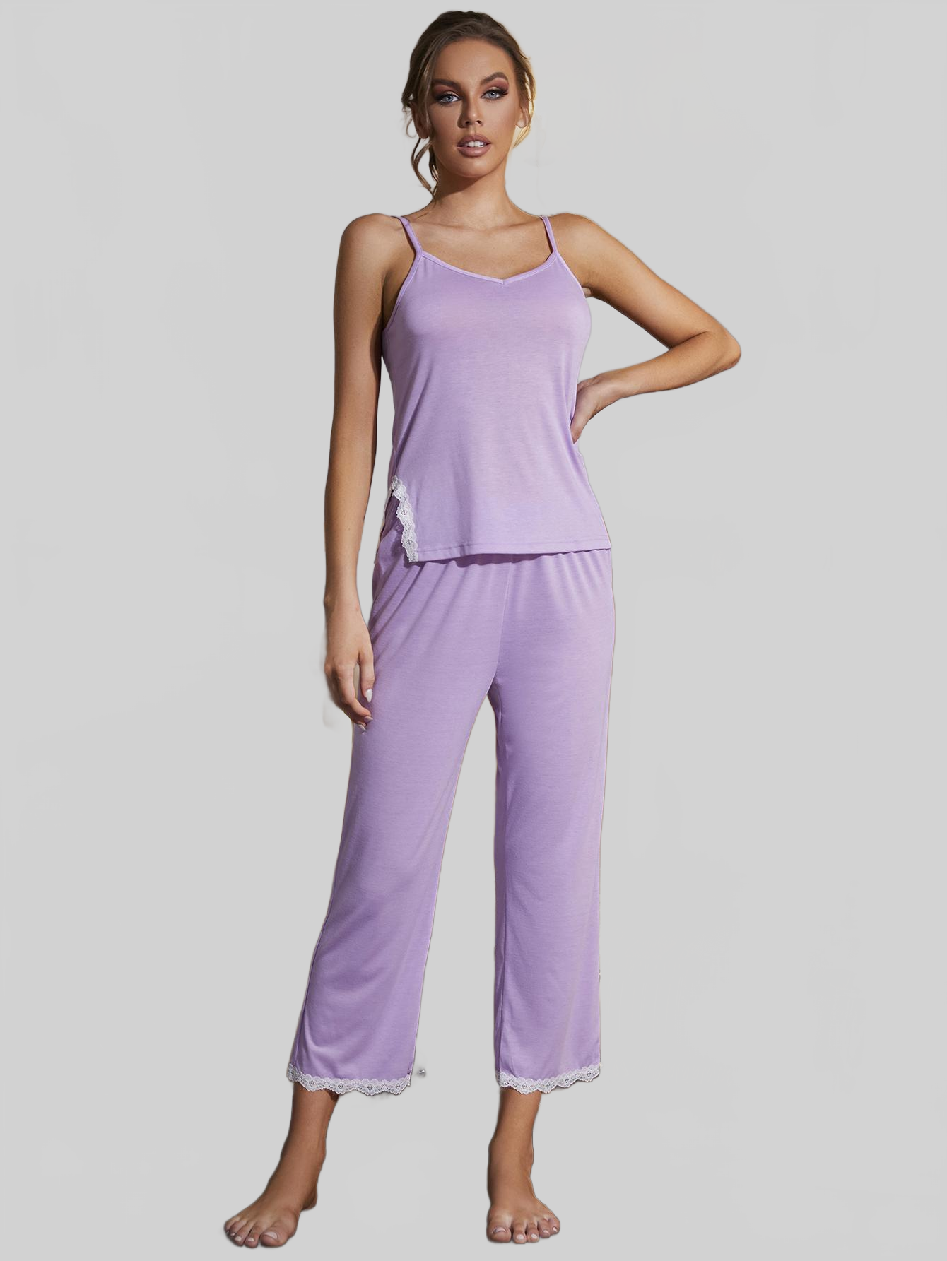 V-Neck Lace Trim Slit Cami and Pants Pajama Set nicholesgifts