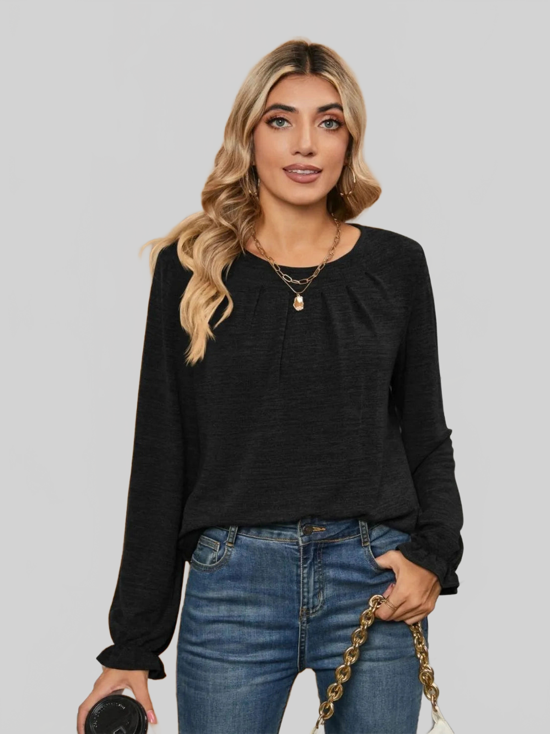 Ruched Round Neck Flounce Sleeve T-Shirt NicholesGifts