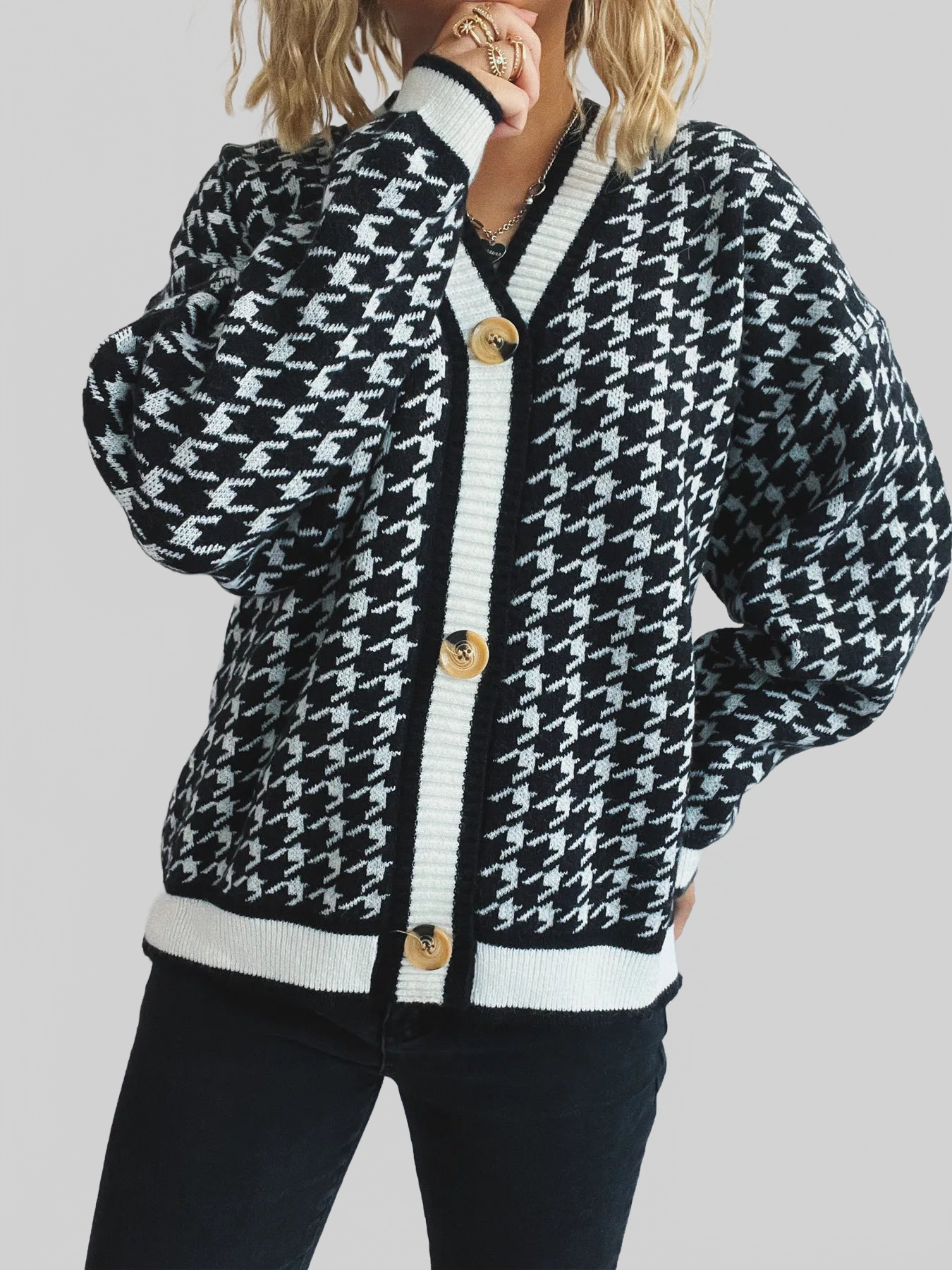 Women Houndstooth Pattern V-Neck Button-Up Cardigan Sweater NicholesGifts