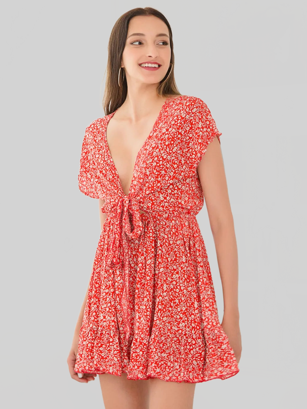Ivy Lane Tied Floral V-Neck Cap Sleeve Dress nicholesgifts