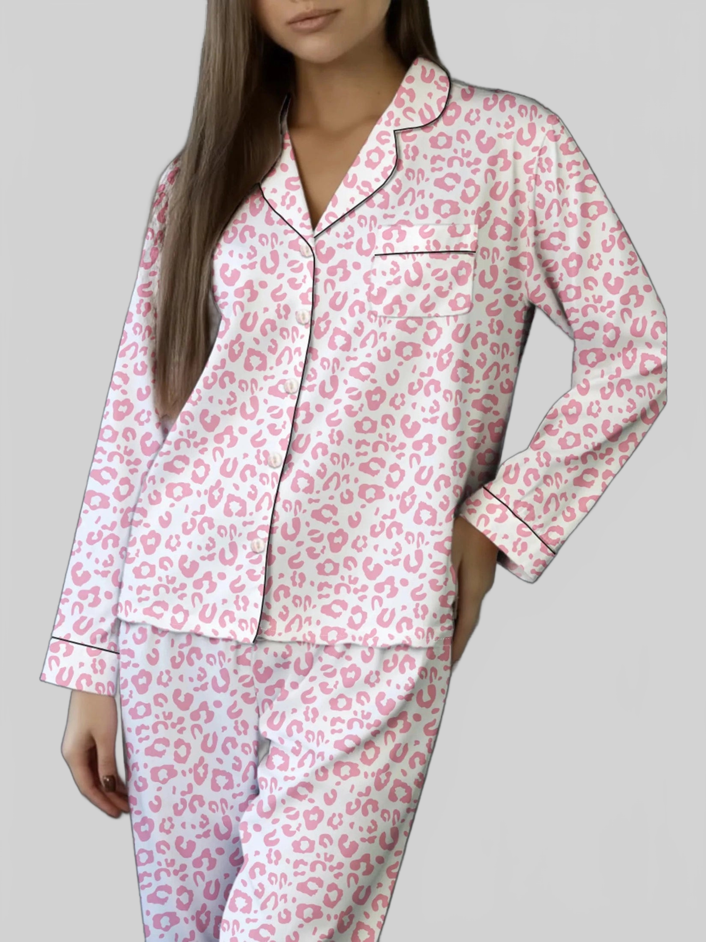 Leopard Print Button Up Top and Pants 2cps Pajama Set nicholesgifts