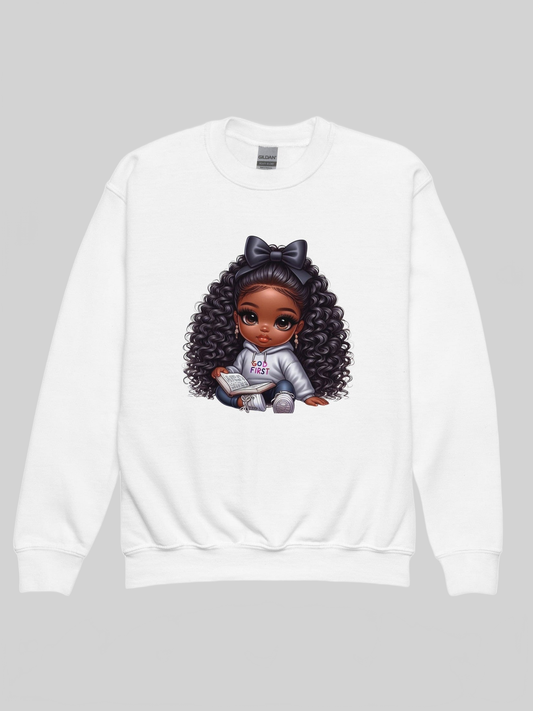 African American Toddler Girls God First Long Sleeve Crewneck Sweatshirt nicholesgifts