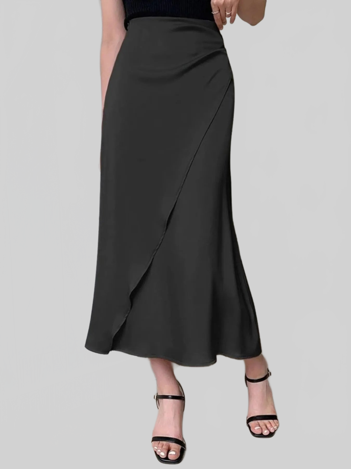 Asymmetric Wrap Midi Skirt with Fluted Hem nicholesgifts