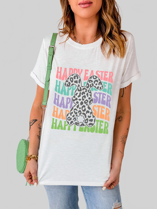 Women Happy Easter Round Neck Short Sleeve T-Shirt nicholesgifts