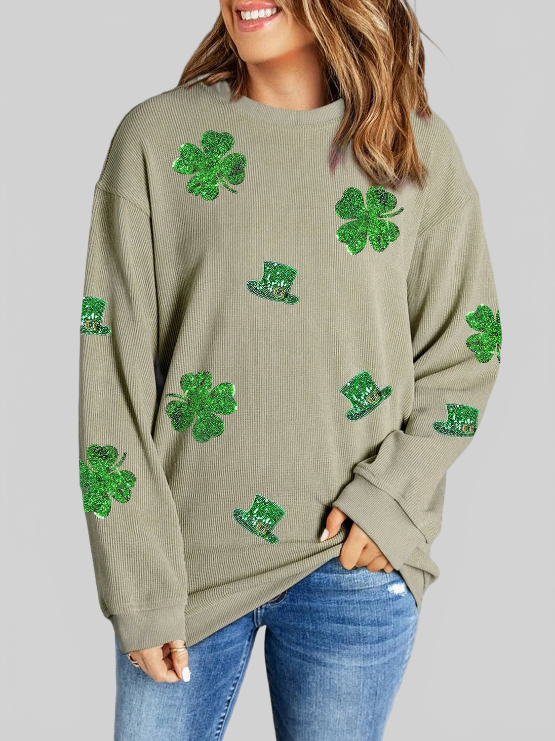 Women Lucky Clover Sequin Round Neck Sweatshirt nicholesgifts