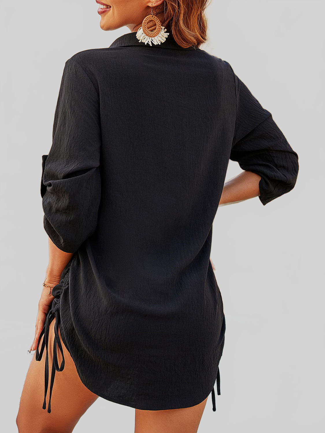 Women Texture Drawstring Half Sleeve Blouse nicholesgifts