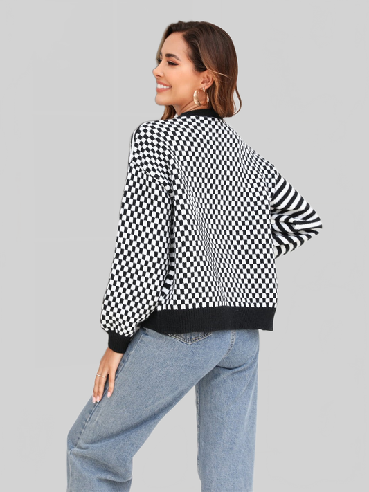 Angel Wings Button-Down Stripe & Plaid Contrast Pattern Cardigan nicholesgifts