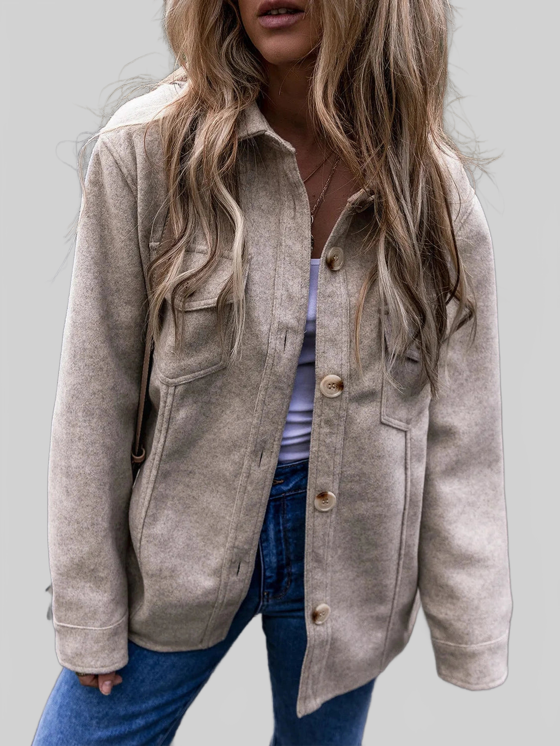 Button Up Collared Neck Long Sleeve Jacket NicholesGifts