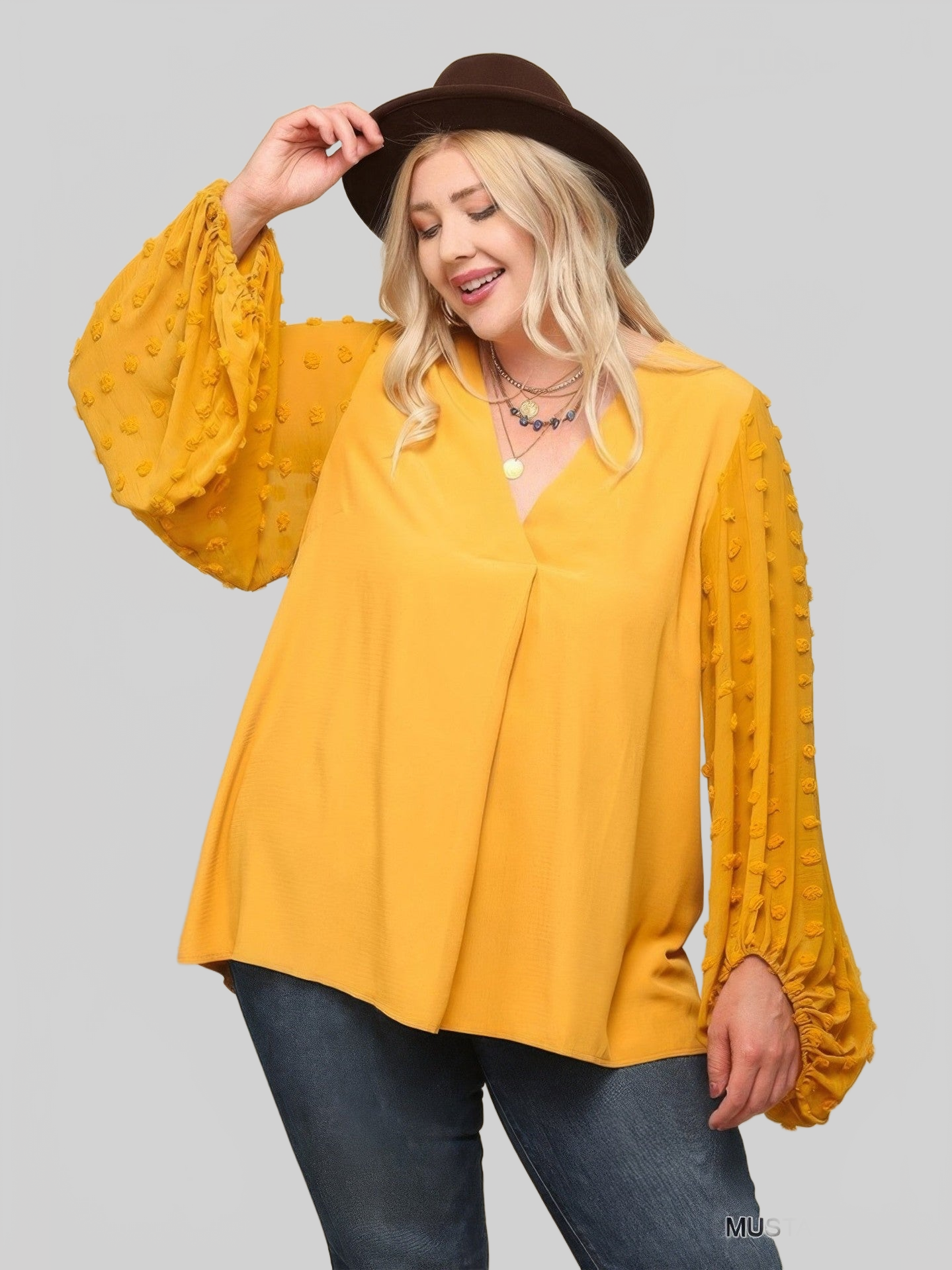 Plus Size Women Woven And Textured Chiffon Top With Voluminous Sheer Sleeves NicholeGifts