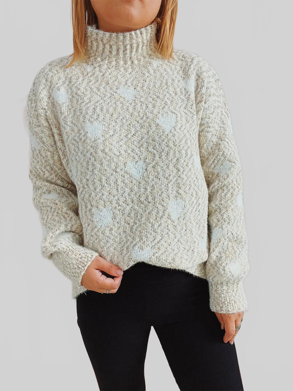 Women Heart Heathered Turtleneck Drop Shoulder Pullover Sweater nicholesgifts