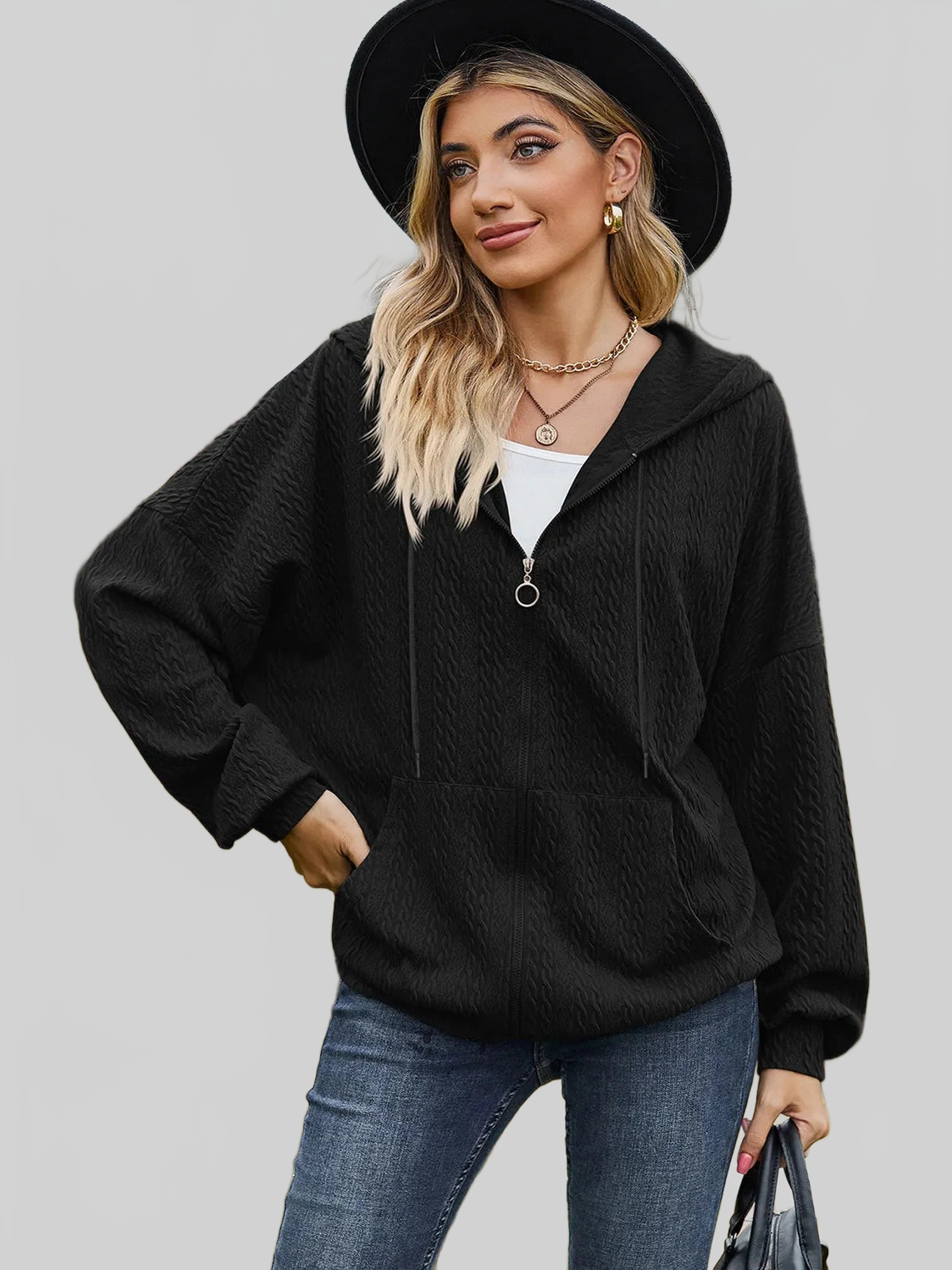 Drawstring Zip Up Dropped Shoulder Hoodie nicholesgifts