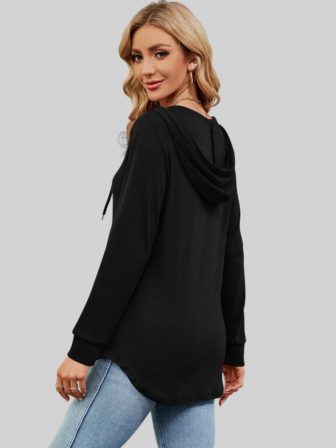 Decorative Button Drawstring Long Sleeve Hoodie NicholesGifts