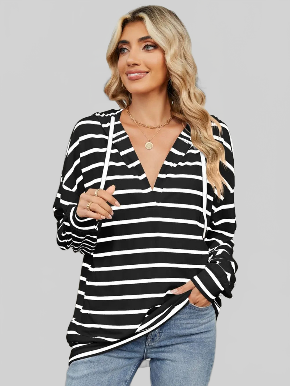 Drawstring Striped Long Sleeve Hoodie NicholesGifts
