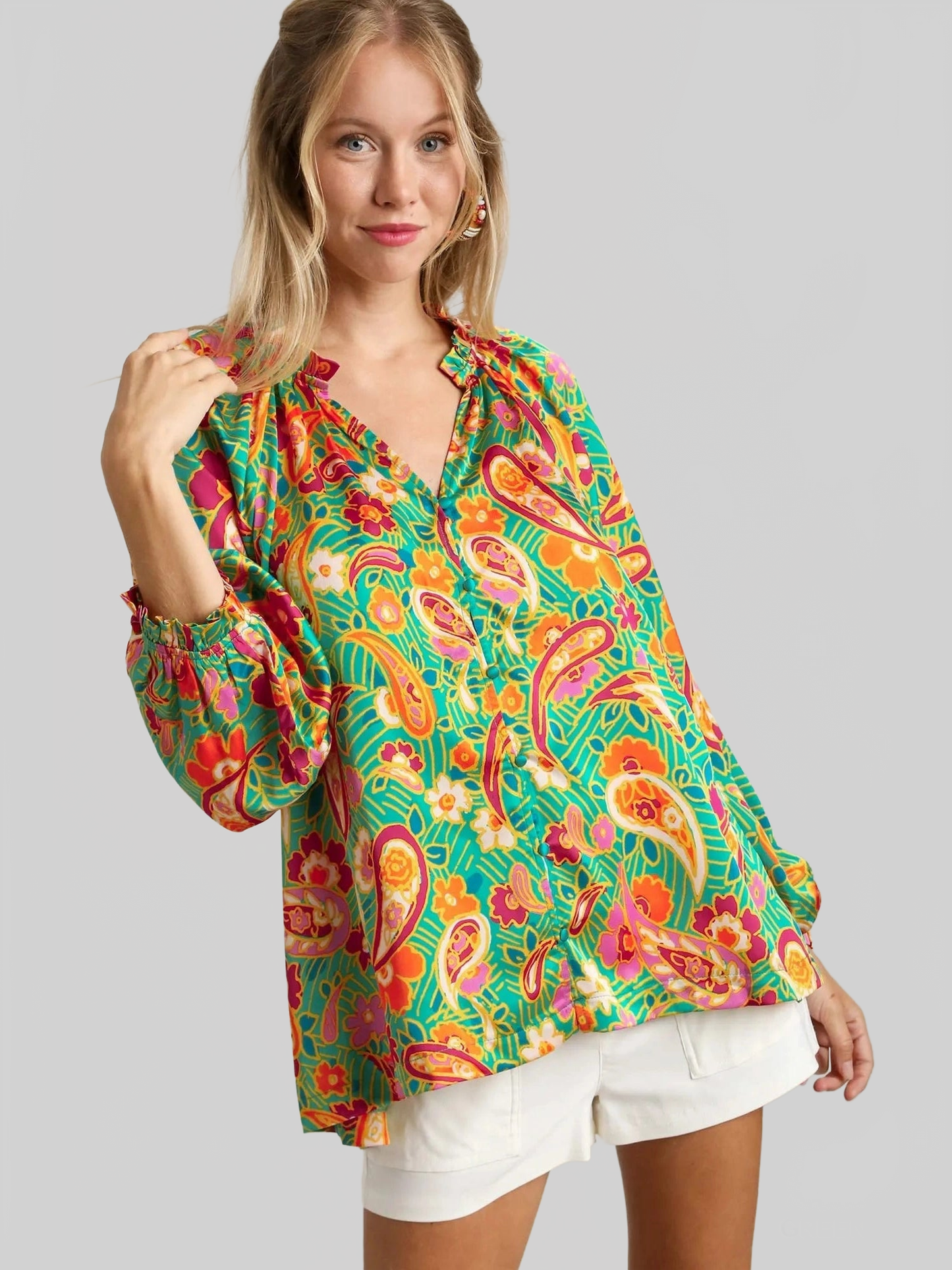 Women Umgee Satin Paisley Ruffle Neck Button-Up Long Sleeve Shirt NicholesGifts