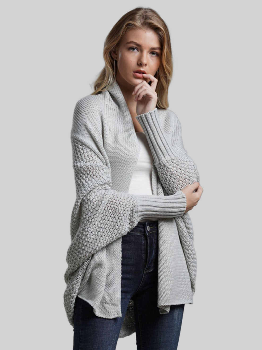 Dolman Sleeve Open Front Ribbed Trim Longline Cardigan nicholesgifts