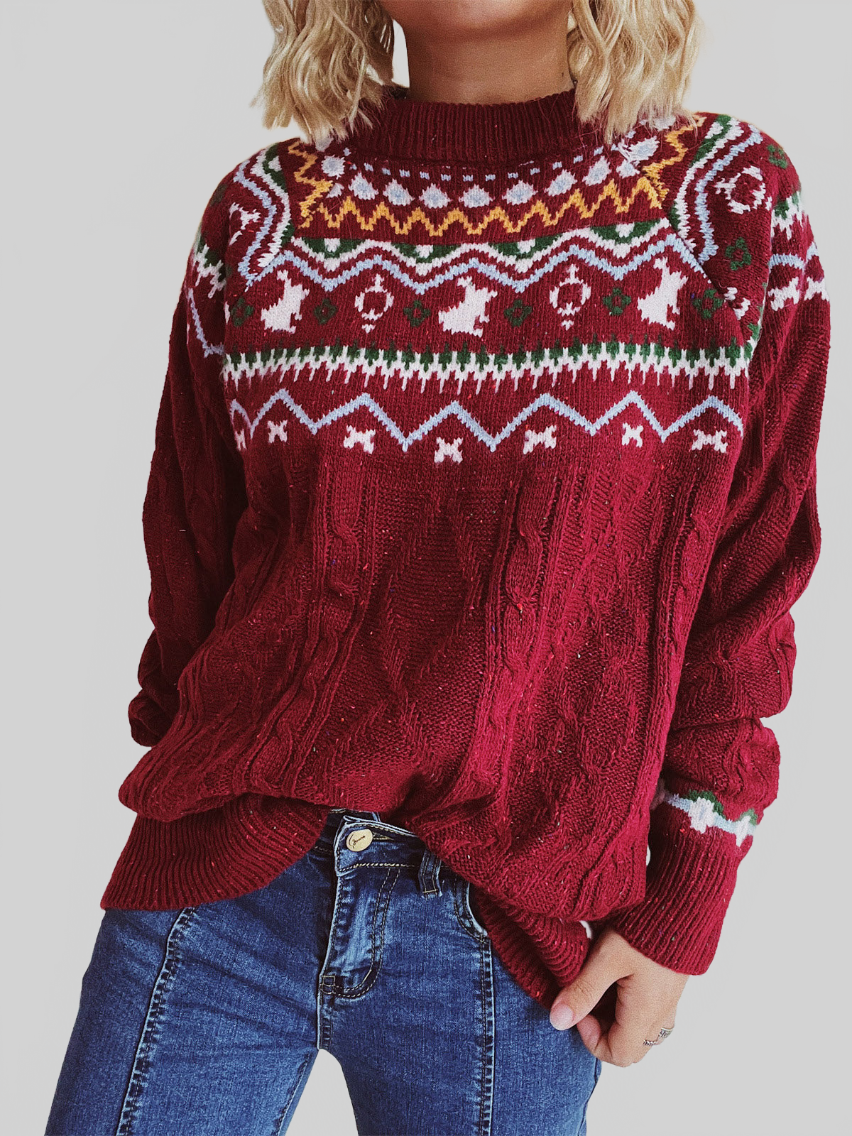 Women Cable-Knit Mock Neck Long Sleeve Sweater nicholesgifts
