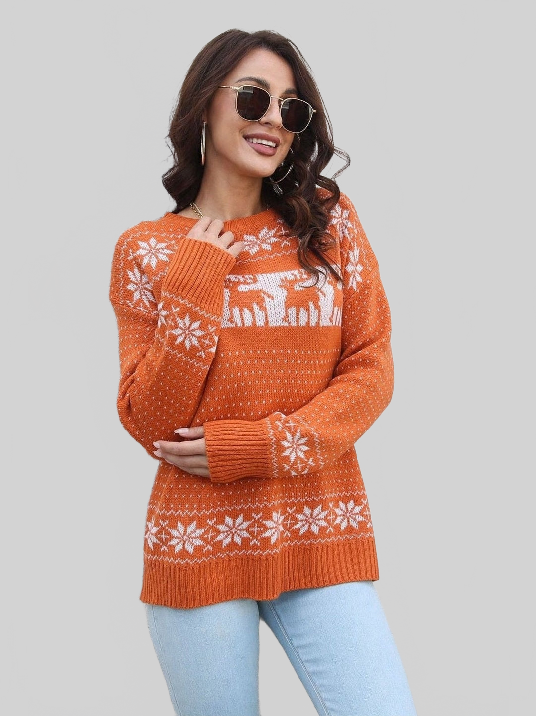 Women Reindeer & Snowflake Pattern Dropped Shoulder Pullover Sweater nicholesgifts