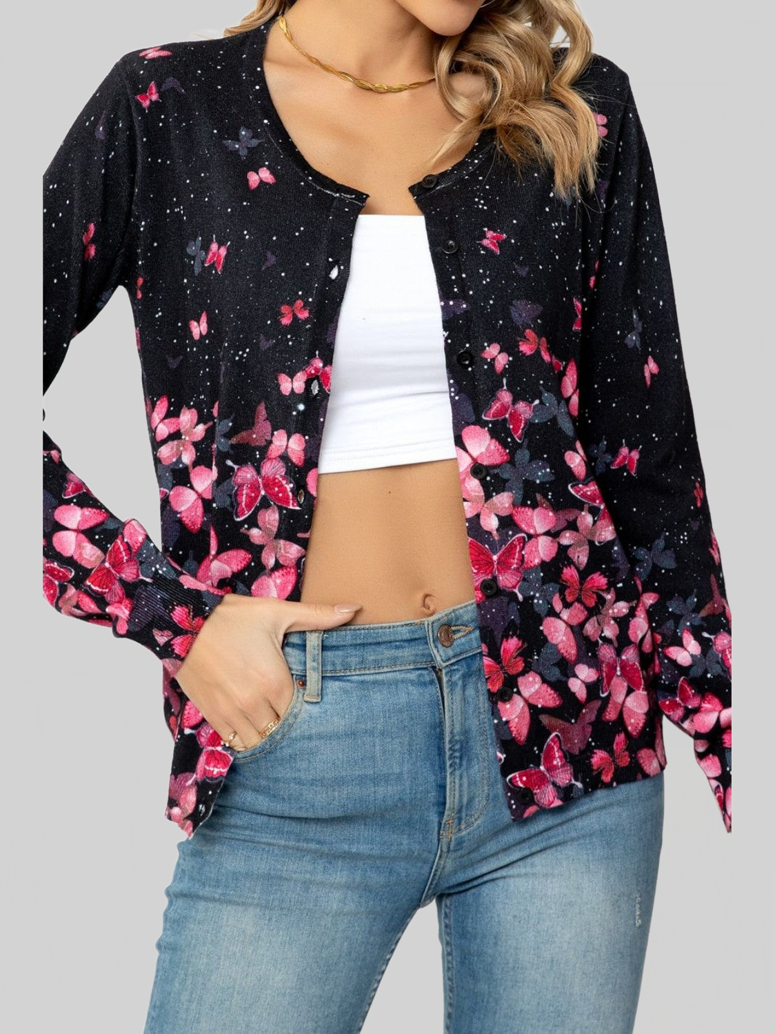 Woven Right Floral Button Front Round Neck Cardigan nicholesgifts