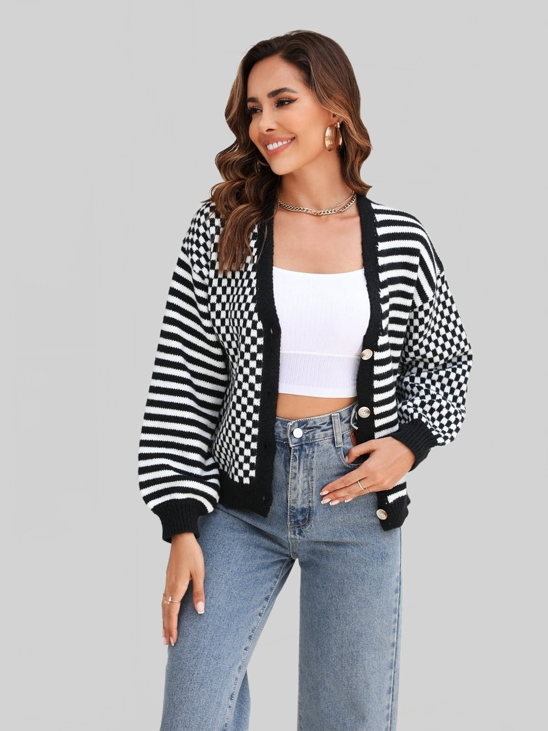 Women Button-Down Stripe & Plaid Contrast Pattern Cardigan Sweater NicholesGifts