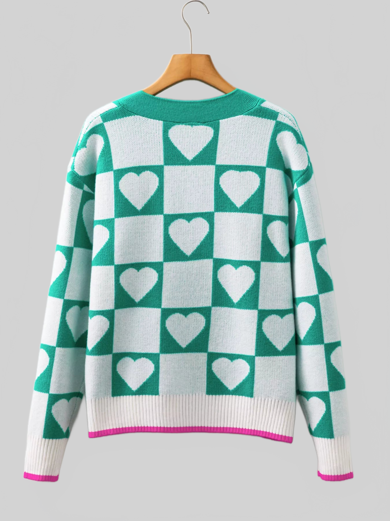 Plaid Heart Knit V Neck Button Down Sweater Cardigan nicholesgifts