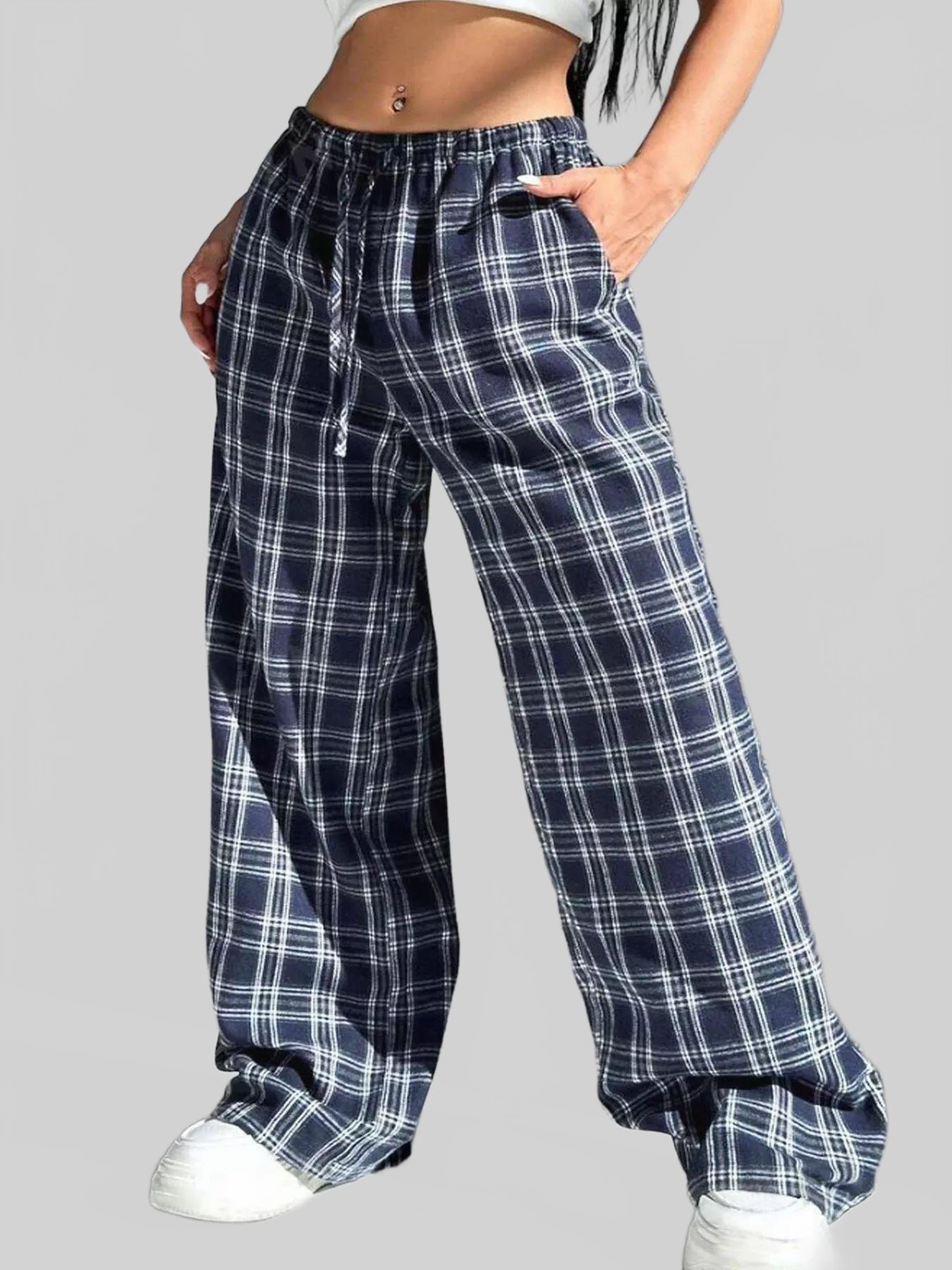 Women Plaid Drawstring Wide Leg Pants nicholesgifts