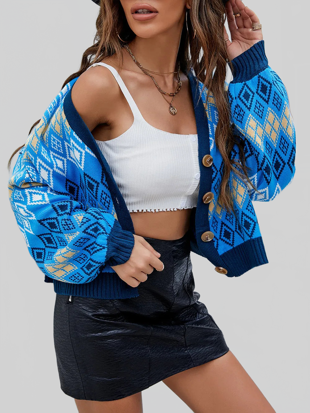 Women Geometric Button Up Dropped Shoulder Cardigan nicholesgifts