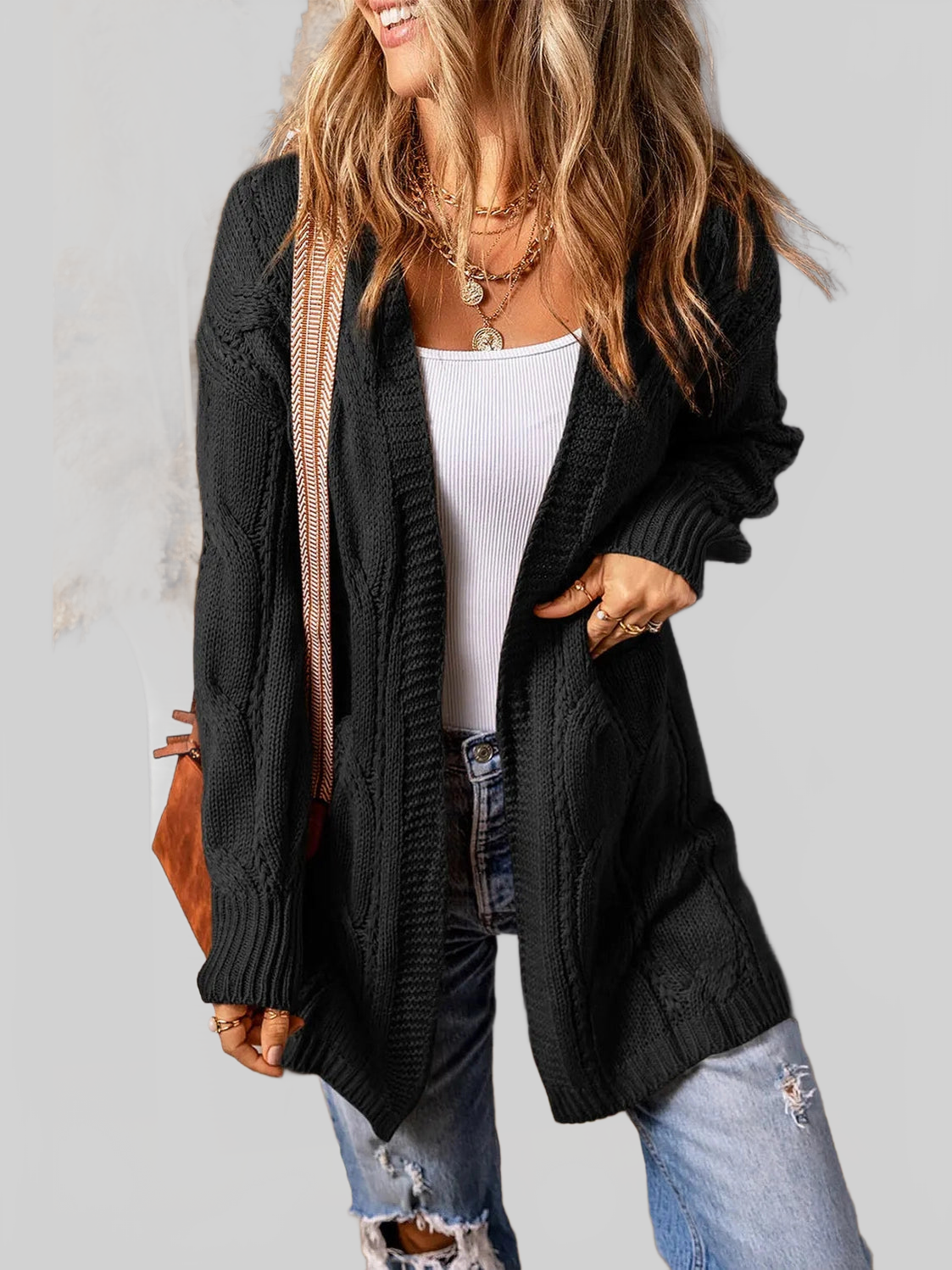 Women Cable-Knit Dropped Shoulder Slit Cardigan nicholesgifts