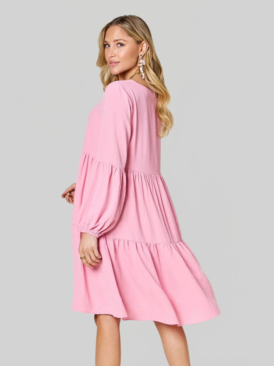 Double Take Full Size V-Neck Balloon Sleeve Tiered Dress with Pockets nicholesgifts