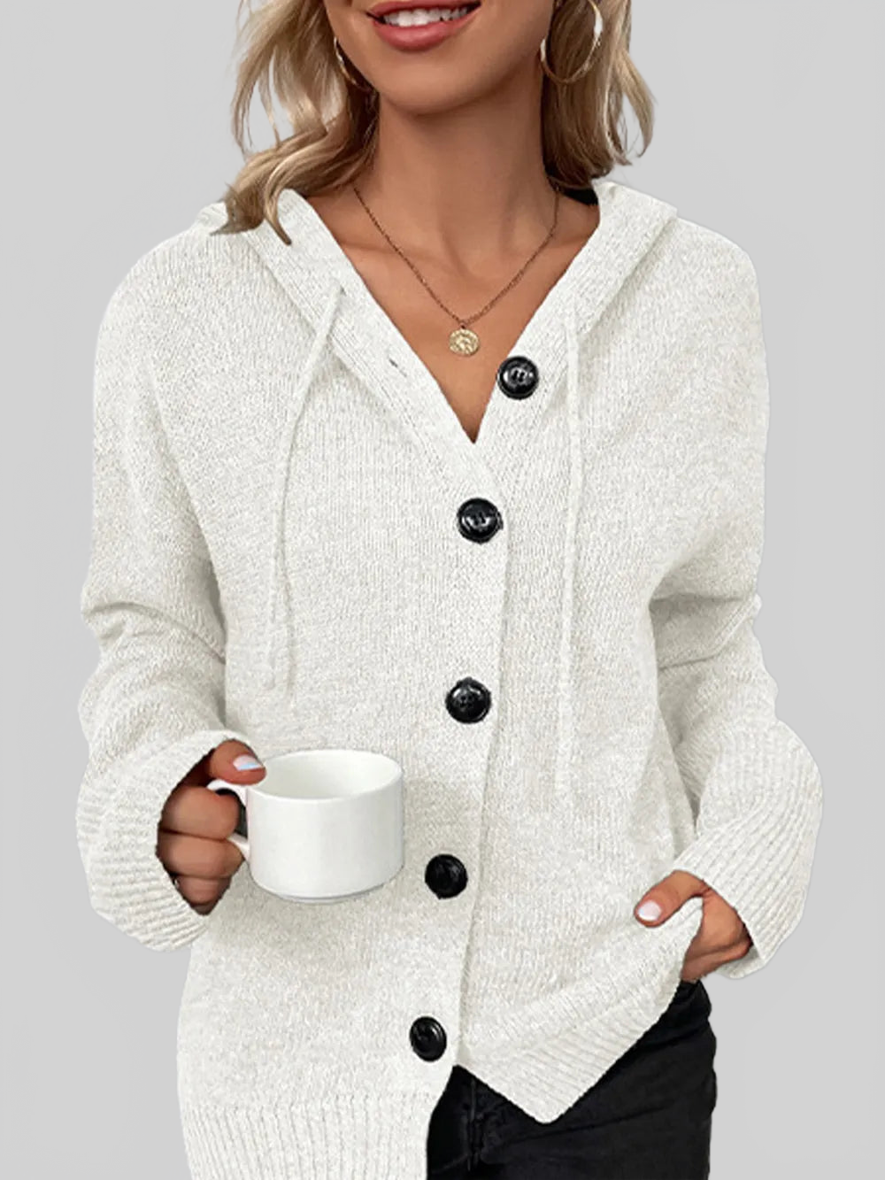 Women Drawstring Button Up Hooded Cardigan nicholesgifts