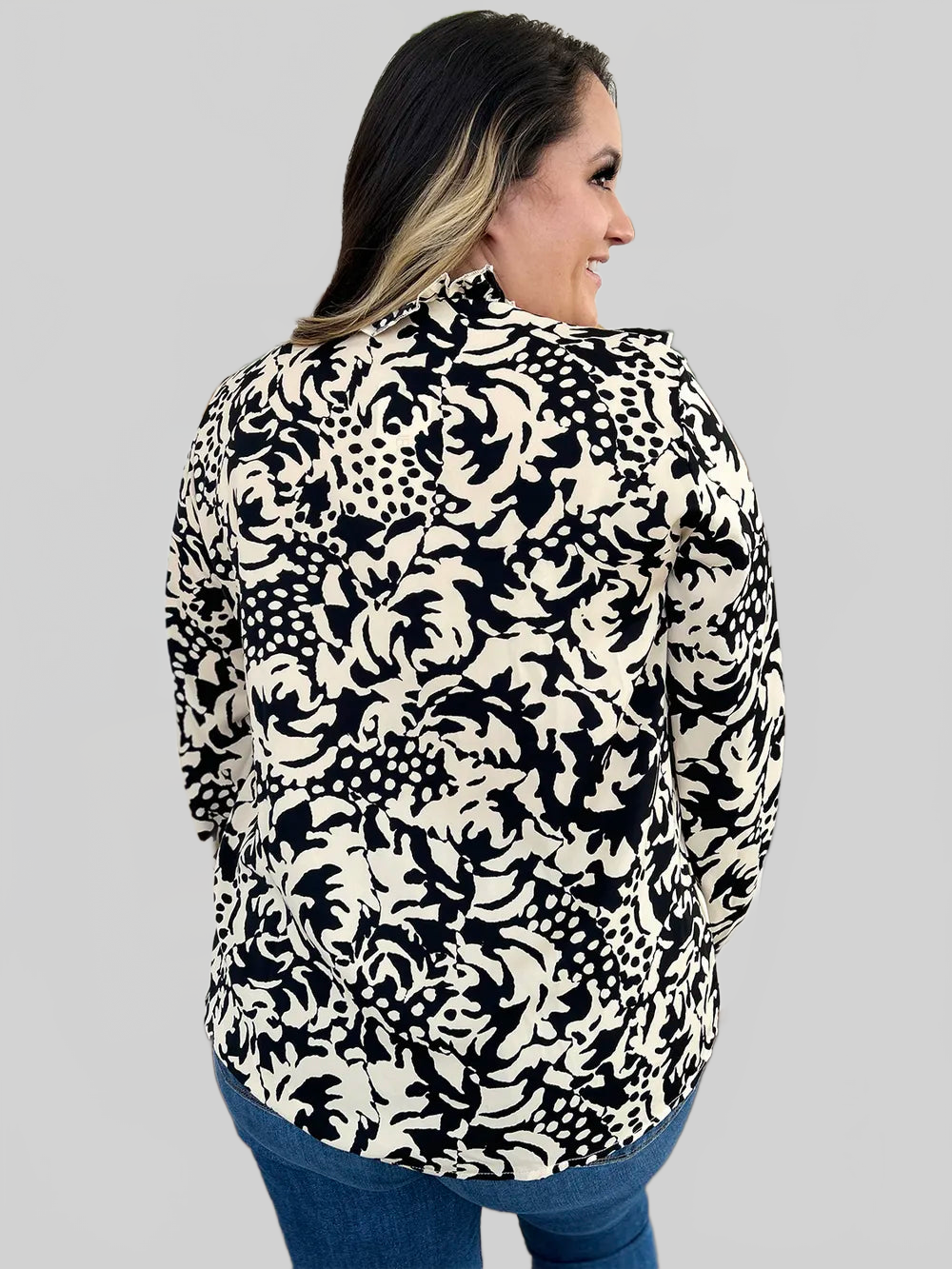 Women Double Take Full Size Printed Ruffle Trim Balloon Sleeve Shirt NicholesGifts
