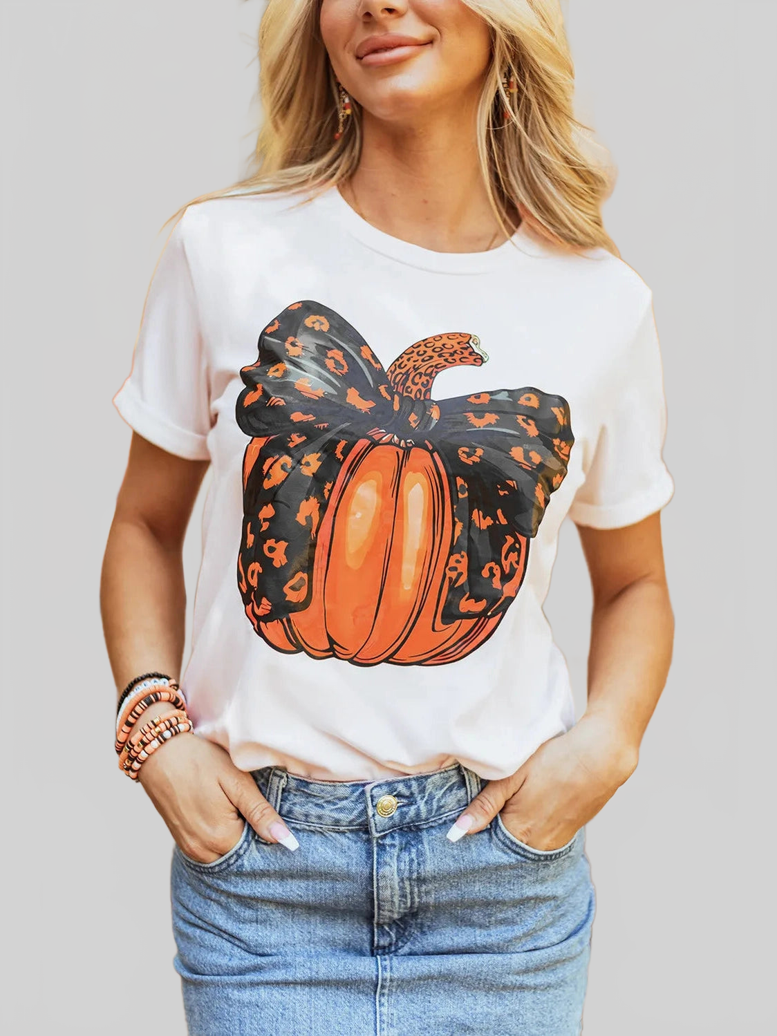 Pumpkin Round Neck Short Sleeve T-Shirt nicholesgifts