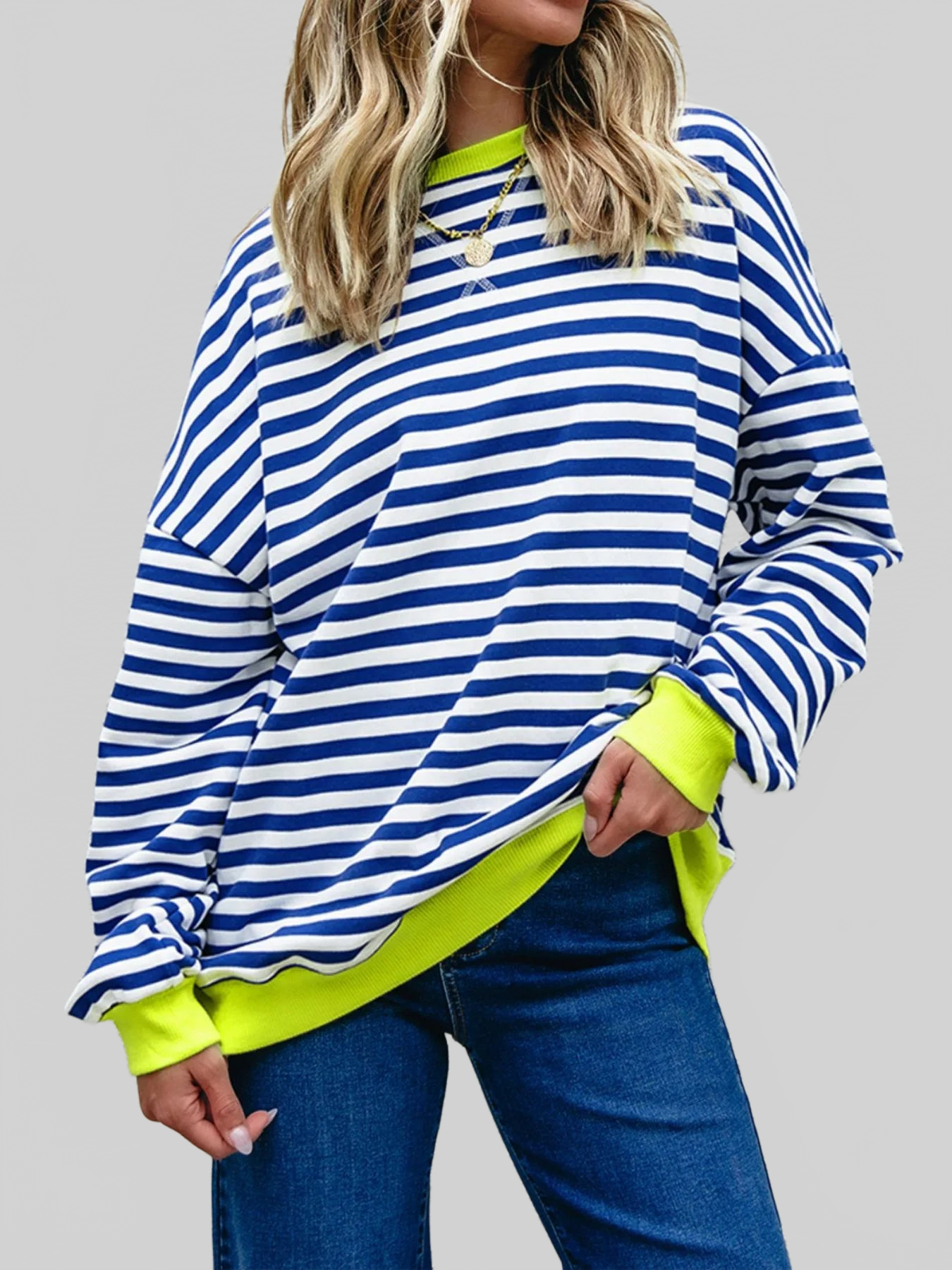 Women Striped Contrast Ribbed Trim Drop Shoulder Sweatshirt nicholesgifts