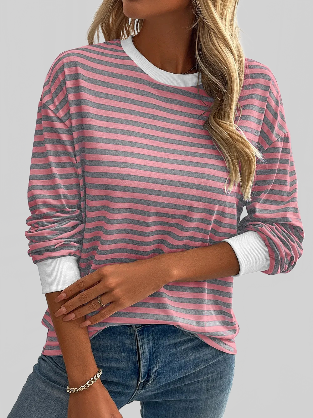Women Ivy Lane Striped Round Neck Long Sleeve Sweatshirt nicholesgifts