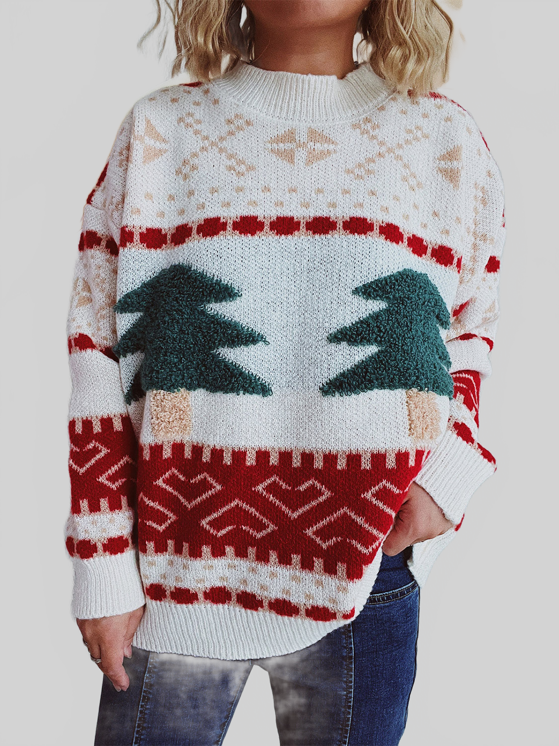 Women Christmas Tree Mock Neck Long Sleeve Sweater nicholesgifts