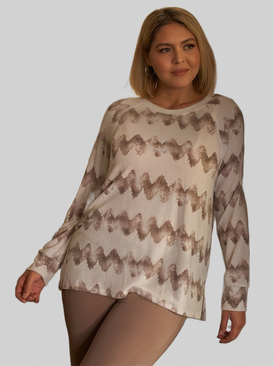 Plus Size Women Cream & Taupe Abstract Blur Print Relaxed Sweatshirt nicholesgifts