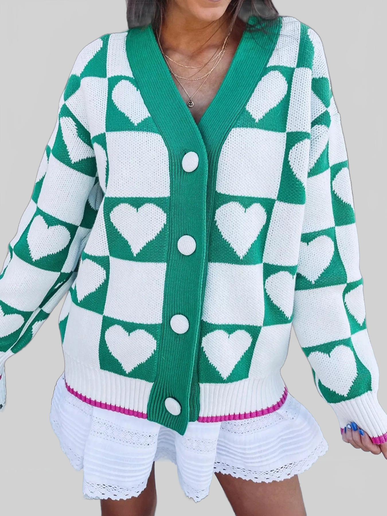 Plaid Heart Knit V Neck Button Down Sweater Cardigan nicholesgifts