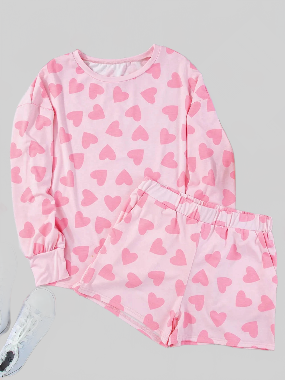 Heart Print Long Sleeve Top and Shorts Lounge Set nicholesgifts
