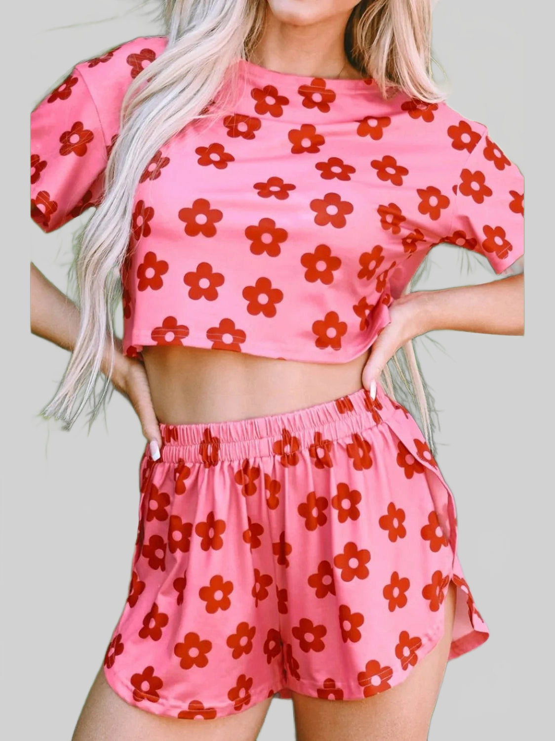 Floral Cropped Tee and Shorts Lounge Set nicholesgifts