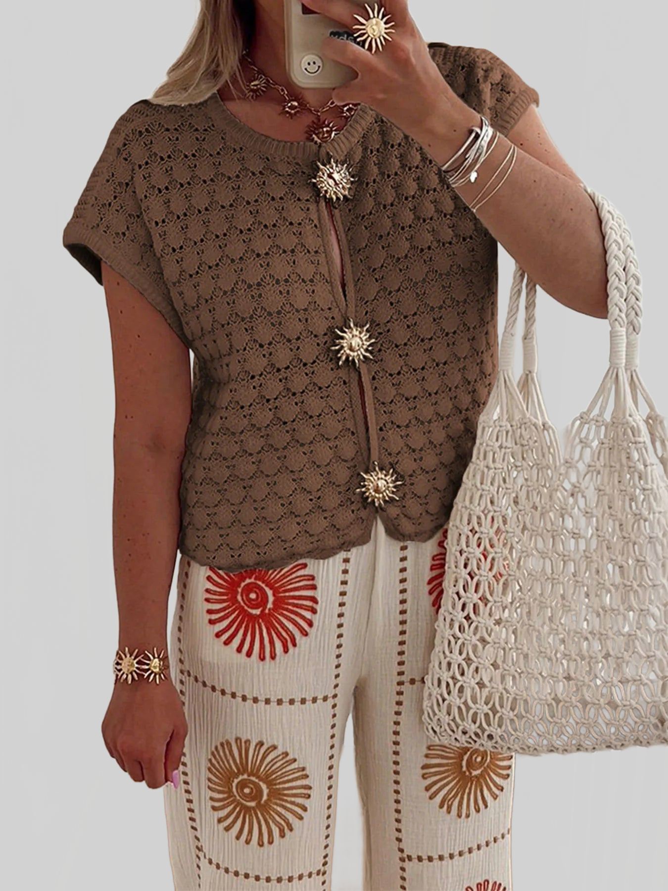 Crochet Short Sleeve Button Front Cardigan nicholesgifts