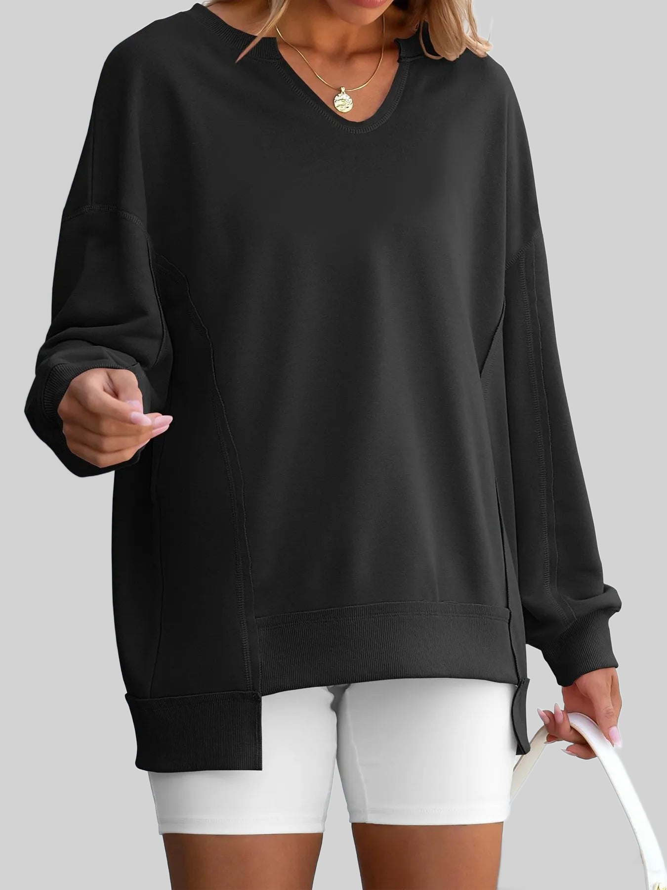 Women Notched Long Sleeve Oversized Sweatshirt nicholesgifts