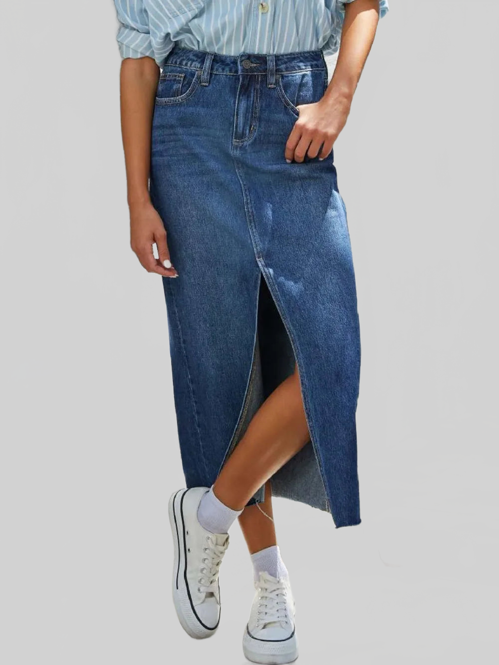 Raw Hem Front Slit Denim Midi Skirt nicholesgifts