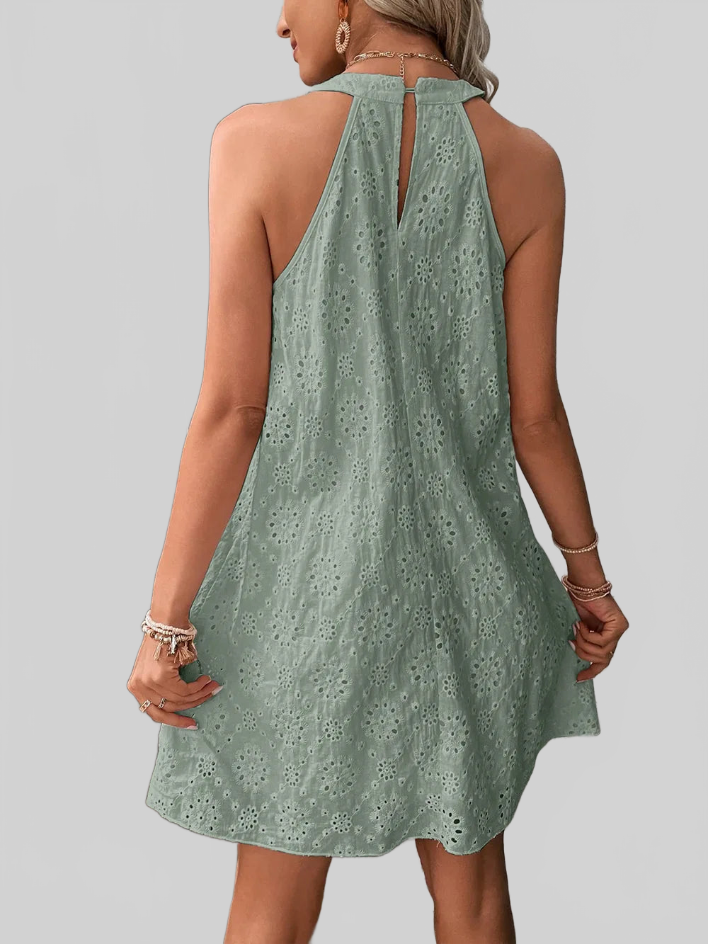 Eyelet Grecian Neck Mini Dress nicholesgifts