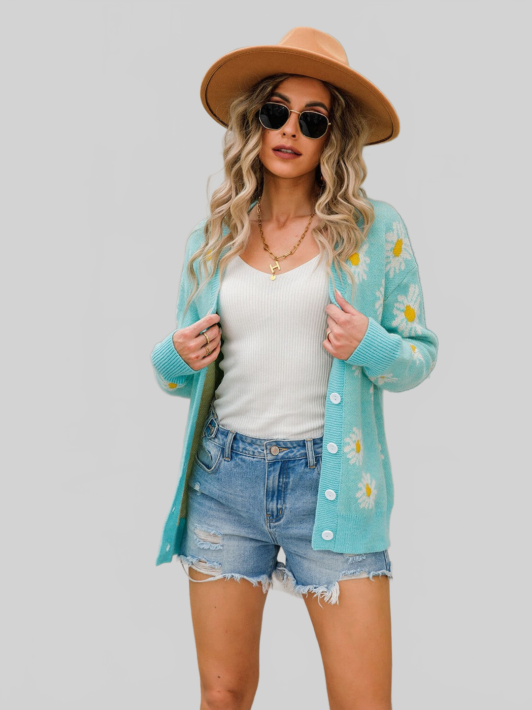 Angel Wings Daisy Pattern Button Front Cardigan nicholesgifts