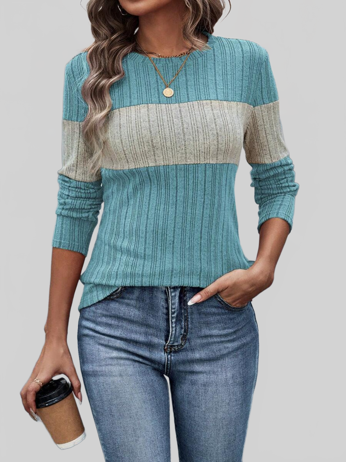 NicholesGifts Women Color Block Round Neck Long Sleeve Top NicholesGifts