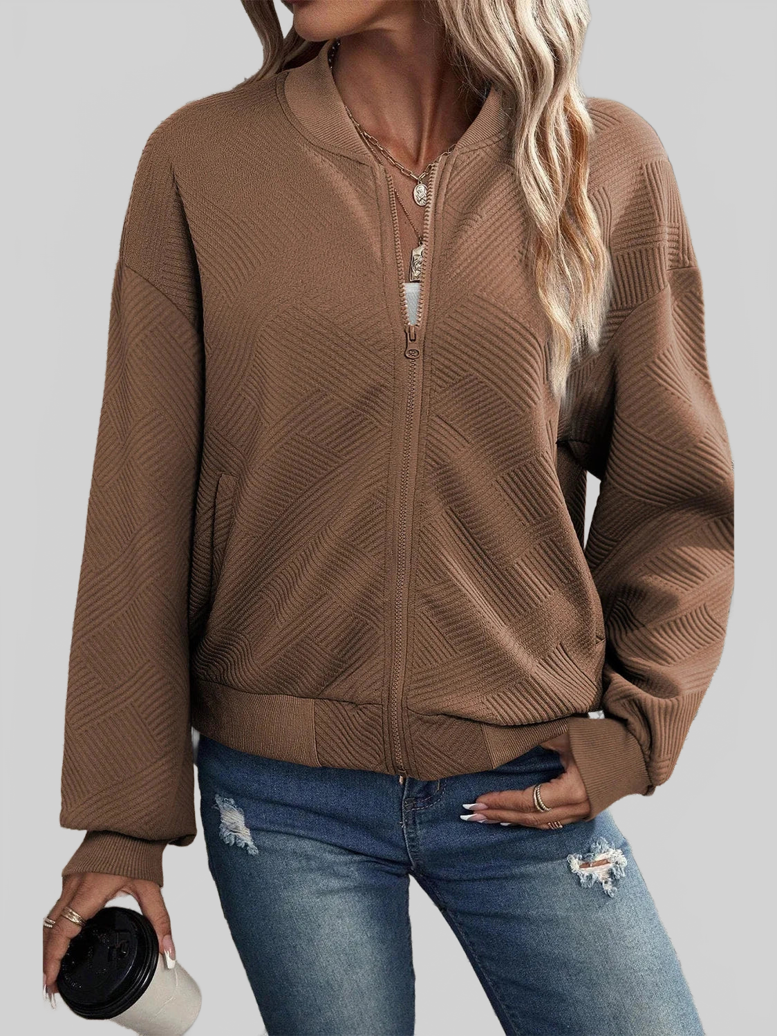 Textured Zip Up Baseball Collar Jacket nicholesgifts