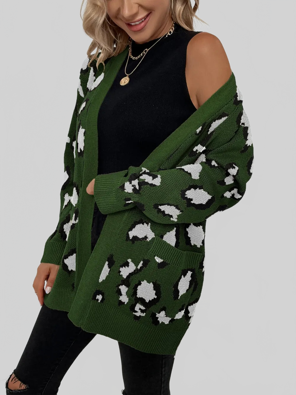 Women Leopard Open Front Dropped Shoulder Cardigan nicholesgifts