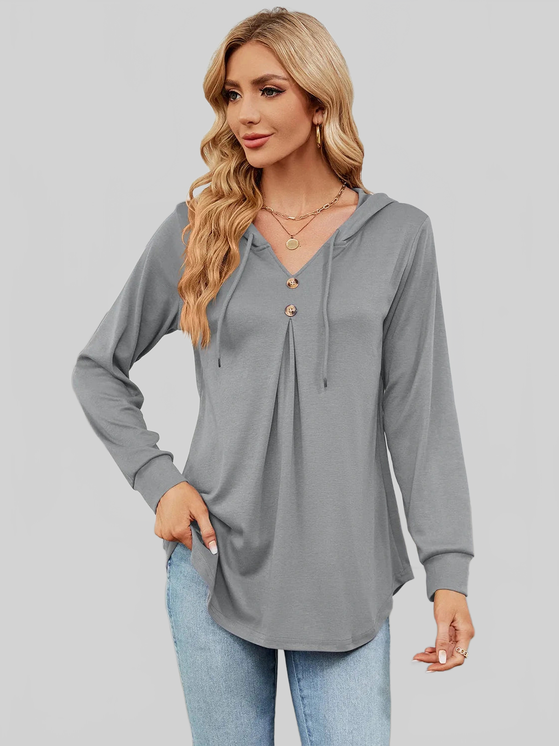 Decorative Button Drawstring Long Sleeve Hoodie NicholesGifts