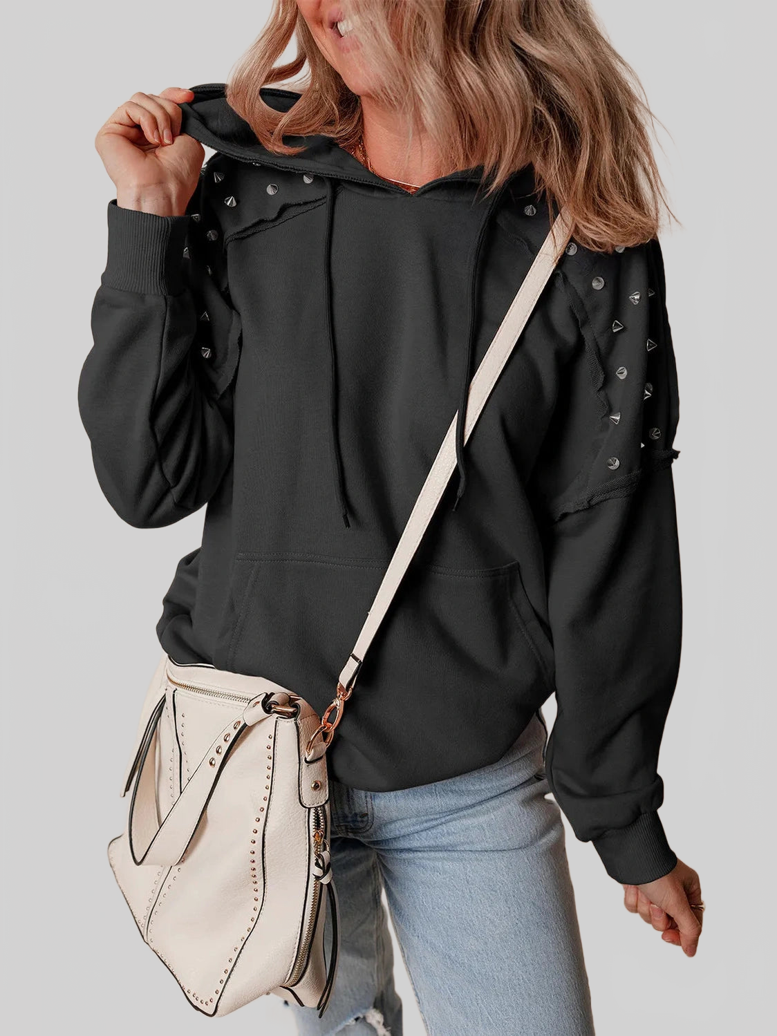 Rivet Drawstring Long Sleeve Hoodie NicholesGifts